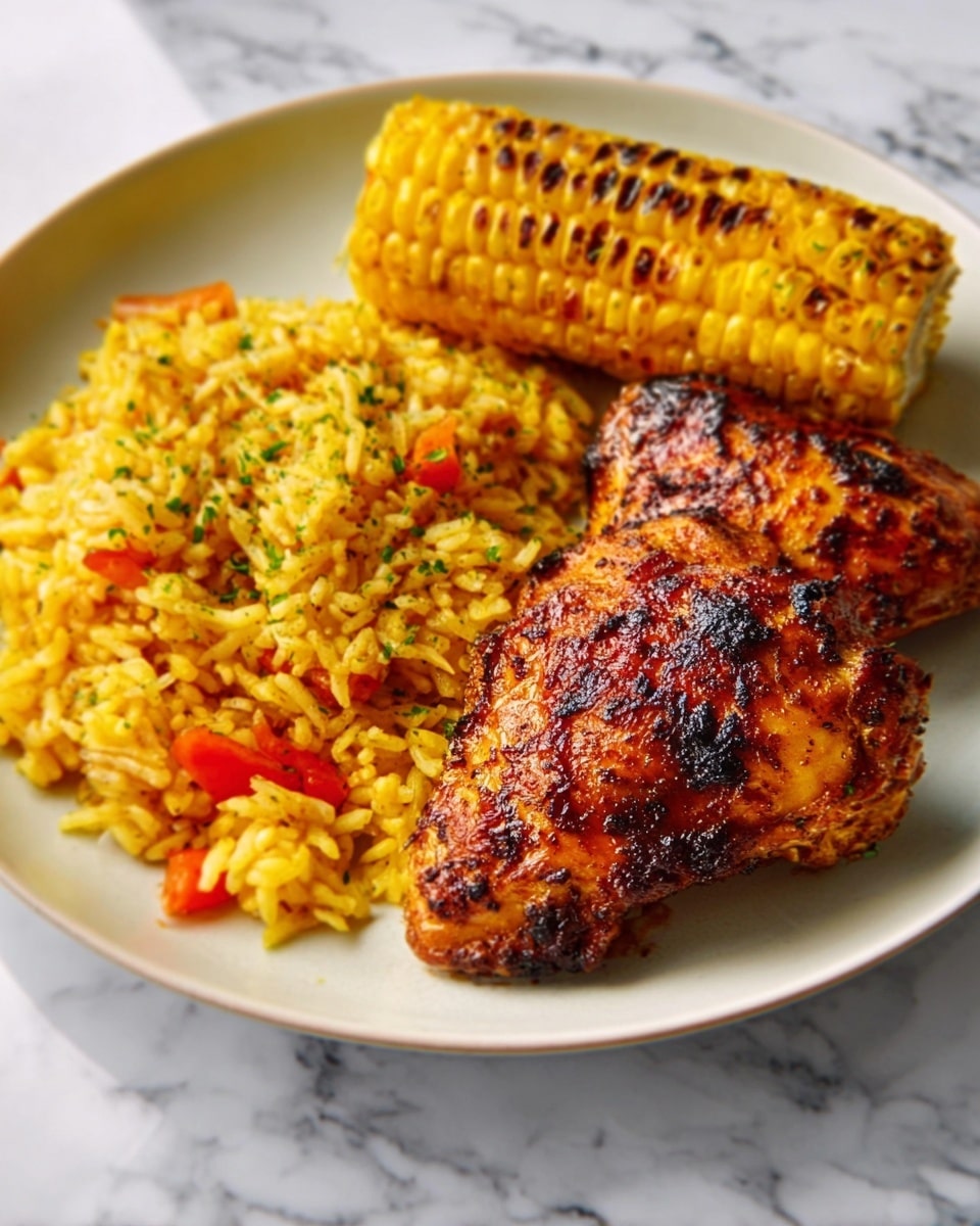 A white plate on a white marbled surface holds a meal with three main parts: two pieces of grilled chicken with a dark reddish-brown, crispy skin on the right side, a serving of yellow rice mixed with small pieces of red bell pepper next to the chicken on the left, and a grilled corn on the cob with a golden charred surface placed behind the rice and chicken. Small green herb bits are sprinkled lightly over the chicken. The food looks warm and well cooked. Photo taken with an iphone --ar 4:5 --v 7