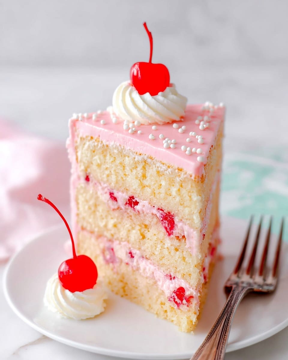 A slice of three-layer yellow cake is shown on a white plate with a white marbled texture background. Each layer of the cake is separated by a light pink frosting filling that contains small red cherry pieces. The outside of the cake is covered in smooth pink frosting with small white sprinkles scattered on top. A swirl of white cream sits on the top of the cake slice with a bright red cherry placed on it, and there is also a small swirl of white cream with a cherry next to the cake on the plate. A silver fork is placed to the right of the plate. photo taken with an iphone --ar 4:5 --v 7