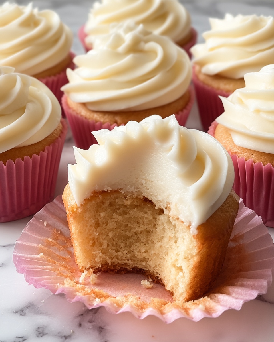 The image shows several vanilla cupcakes with smooth, creamy white frosting swirled on top in a single thick layer. The cupcakes have a light golden brown base with a soft crumb inside, visible from one cupcake that has a large bite taken out of it. Each cupcake is wrapped in a pink paper liner, and they are placed on a white marbled surface. The frosting has a slightly glossy texture, and the cupcakes are arranged closely together, filling the frame. photo taken with an iphone --ar 4:5 --v 7