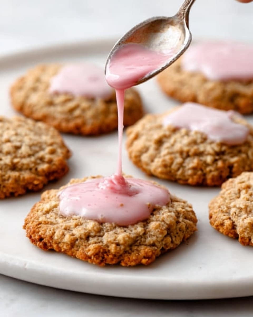 The image shows a white plate with six oatmeal cookies placed on a white marbled surface. One cookie is in the center with pink icing being poured on it by a spoon held by a woman's hand from above. The icing is smooth and slightly thick, covering the top part of the cookie. The cookies have a rough, crumbly texture with visible oats and golden-brown color. The background is softly blurred to keep focus on the cookies and the icing. photo taken with an iphone --ar 4:5 --v 7