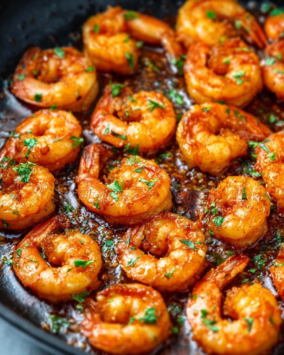 The image shows a close-up view of cooked shrimp arranged on a dark pan. The shrimp have a bright orange color with a slightly crispy texture and are garnished with small green herb leaves scattered evenly over them. The shrimp appear juicy with a glossy finish, and the pan’s surface has some oil and seasoning bits visible, adding texture. Each shrimp is curled, and they are placed closely together, filling the pan completely. The background is a white marbled texture. photo taken with an iphone --ar 4:5 --v 7