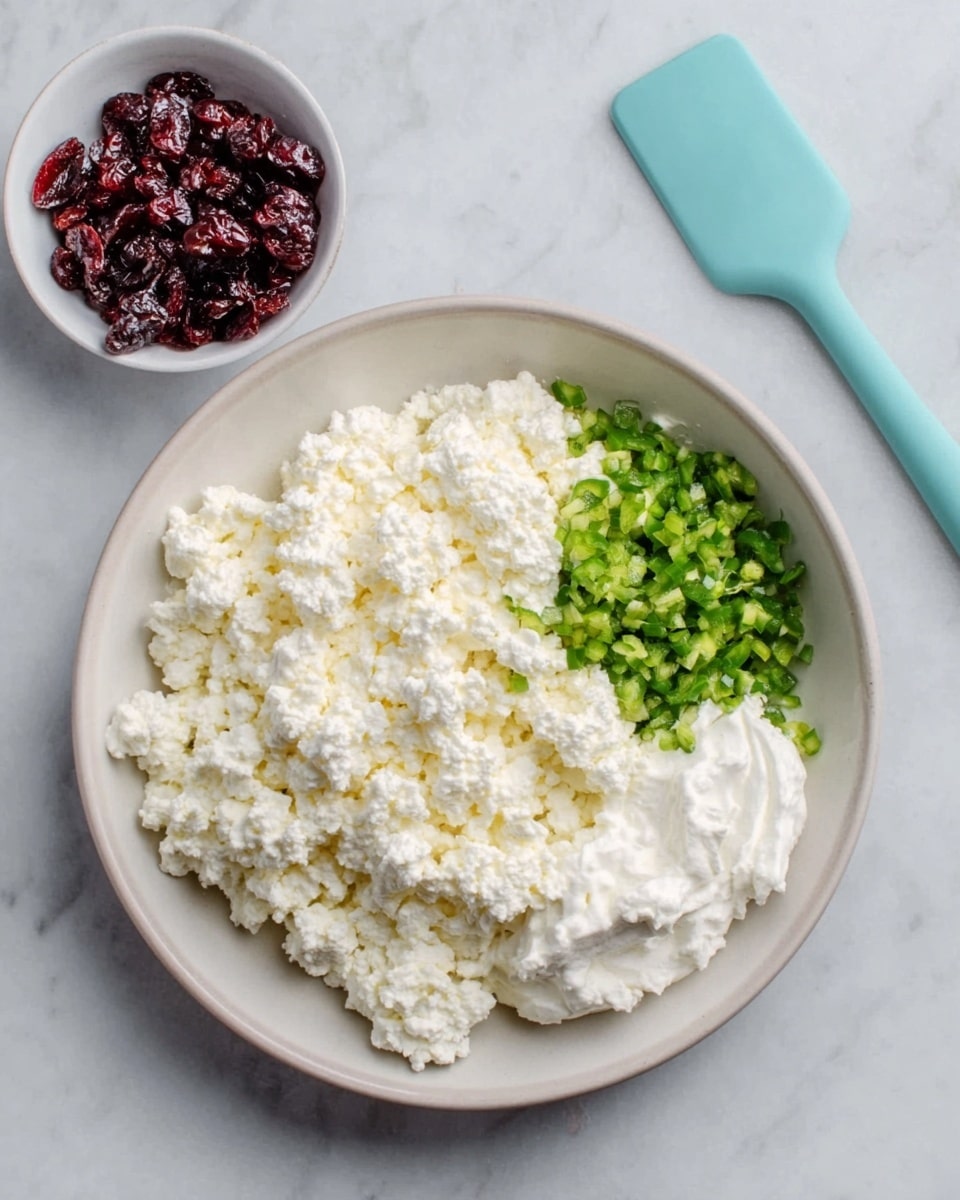 A white bowl on a white marbled surface holds three textured layers: fluffy white cottage cheese covering half the bowl, smooth white cream cheese next to it on the right, and finely chopped small green pieces of jalapeño on the left side. To the top right, a small white bowl filled with dark red dried cranberries sits beside a light blue silicone spatula laying flat on the surface. Photo taken with an iphone --ar 4:5 --v 7