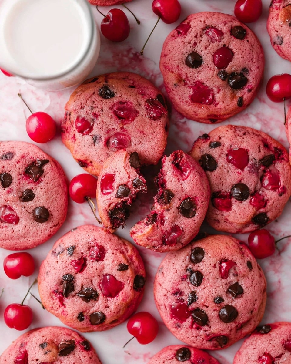 The image shows a group of round, pink-red cookies scattered on a white marbled surface. The cookies have dark chocolate chips and bright red cherry pieces evenly spread throughout each one. Some whole cherries with stems are placed around the cookies, adding extra color and detail. Near the top left corner, a white cup of milk is visible with a woman's hand holding it from the side. The cookies have a soft texture with various sizes, and one cookie near the center has a bite taken from it, showing the inside. Photo taken with an iphone --ar 4:5 --v 7