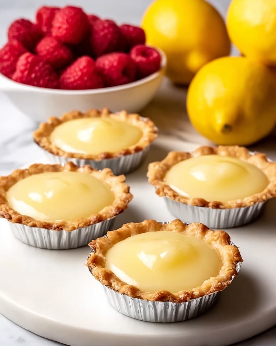 The image shows four small lemon tarts placed on a round white marbled surface. Each tart has a golden, crimped crust filled with smooth, pale yellow lemon filling that is slightly domed in the center. The tarts are in metal tart pans that shine softly with a silver color. In the background, there is a white bowl filled with bright red raspberries and several whole yellow lemons clustered together on the white marbled surface. The soft, warm light enhances the fresh and clean look of the scene. Photo taken with an iphone --ar 4:5 --v 7