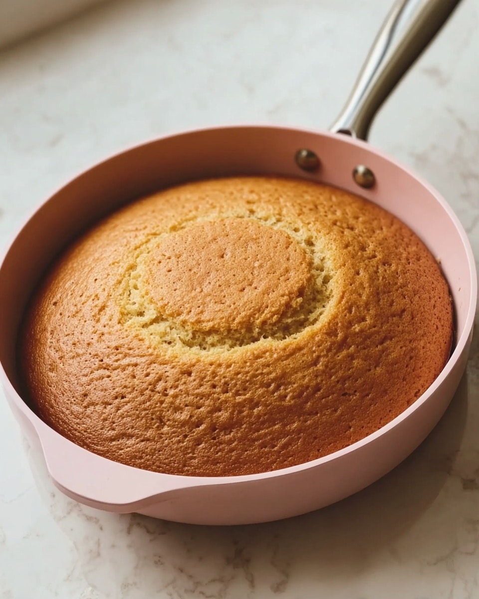 A round, golden-brown cake with a slightly cracked top is in a pink frying pan with a silver handle. The cake looks soft and fluffy with a smooth, even surface around the crack. The pan rests on a white marbled surface with soft natural light highlighting the warm tones of the cake. photo taken with an iphone --ar 4:5 --v 7