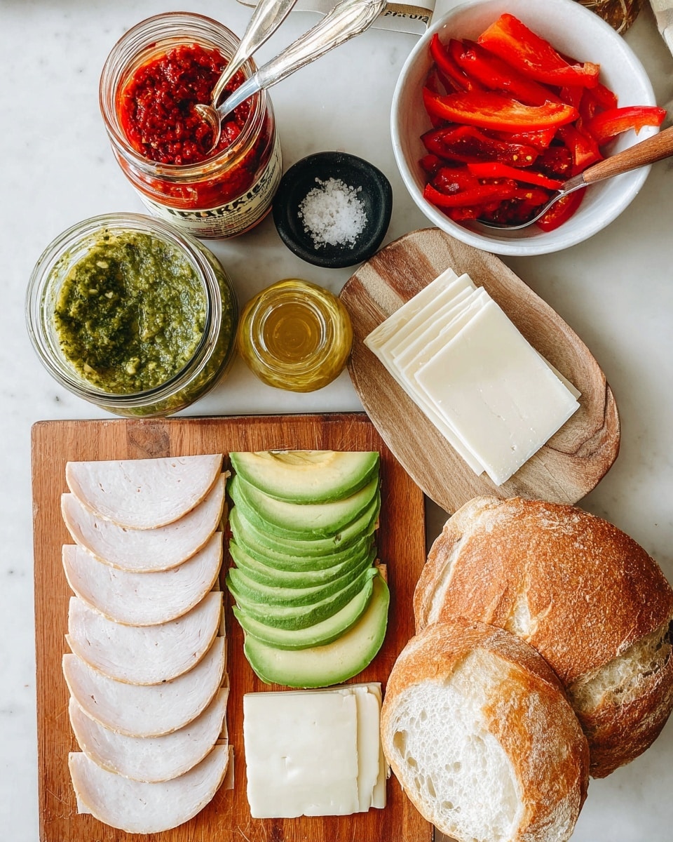 The image shows ingredients for making sandwiches arranged on a wooden cutting board over a white marbled surface. On the left side, there are six round slices of pale deli meat stacked in a neat row. Next to it, on the right, are several slices of bright green avocado arranged in a slightly fanned-out pattern. Beside the avocado, there are five slices of white cheese stacked unevenly. To the right of the cutting board, two slices of crusty bread with light brown crust and soft white interior lie next to each other on the wooden surface. Above, there is a white bowl with long red roasted pepper strips, a small glass jar of red chili paste with a spoon inside, and a glass jar of yellow mustard with a wooden spatula. A small black dish with coarse salt and a container of green pesto with a gold spoon are also seen near the top left. A woman's hand holds a metal fork lifted above the chili jar. Photo taken with an iphone --ar 4:5 --v 7