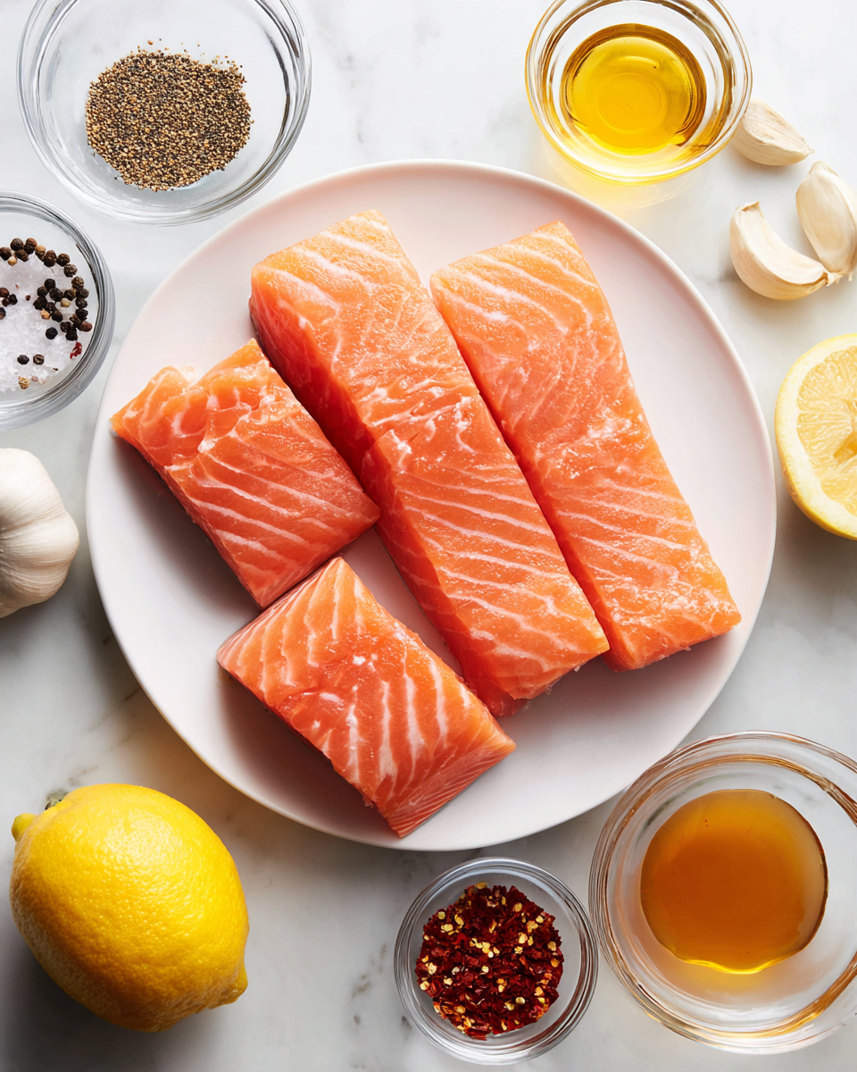 The image shows four raw salmon fillets with smooth, pinkish-orange flesh and white marbling lines placed on a white plate at the center. Surrounding the plate on a white marbled surface are small clear glass bowls: one with coarse black pepper, one with coarse salt, one with golden honey, one with red chili flakes, and one larger bowl with light brown liquid, possibly soy sauce or vinegar. There are three garlic cloves and a whole lemon also placed nearby, adding a fresh and natural touch to the scene. Photo taken with an iphone --ar 4:5 --v 7