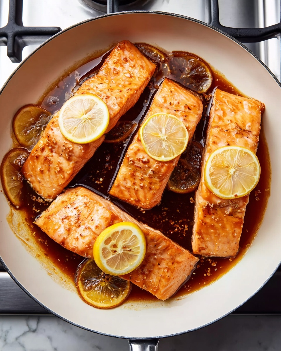 Four pieces of cooked salmon sit in a white pan filled with a shiny dark brown sauce. Each salmon piece is light orange with a slightly crispy surface, topped with a thin pale yellow lemon slice. Around the salmon, there are more lemon slices mixed in the sauce, which has a glossy and slightly oily texture. The pan rests on a white marbled surface, and the stove's black and silver edges are visible at the top and right sides. photo taken with an iphone --ar 4:5 --v 7