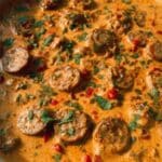 One Pan Creamy Tomato Orzo with Chicken Sausage and Spinach Recipe