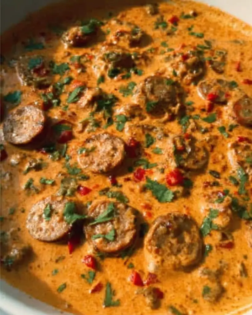 One Pan Creamy Tomato Orzo with Chicken Sausage and Spinach Recipe