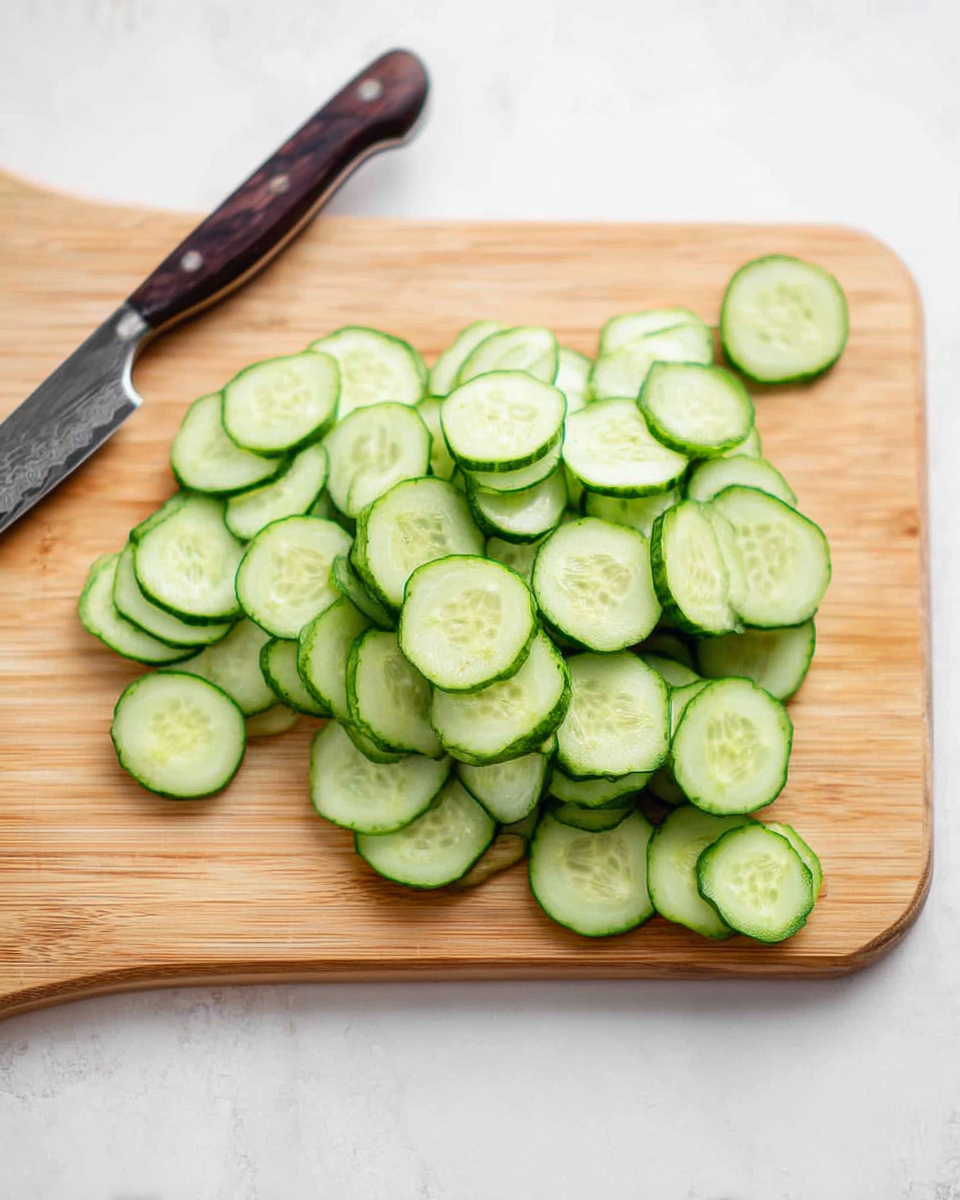 A light wooden cutting board lies on a white marbled surface, filled with many thin, round slices of cucumber spread across the middle. The cucumber slices are fresh green with pale centers, showing a soft texture. To the left side of the board, a small knife with a wooden handle and serrated blade rests flat, pointing diagonally outward. The full scene is clean and bright, focused on the simple fresh cucumber slices. photo taken with an iphone --ar 4:5 --v 7