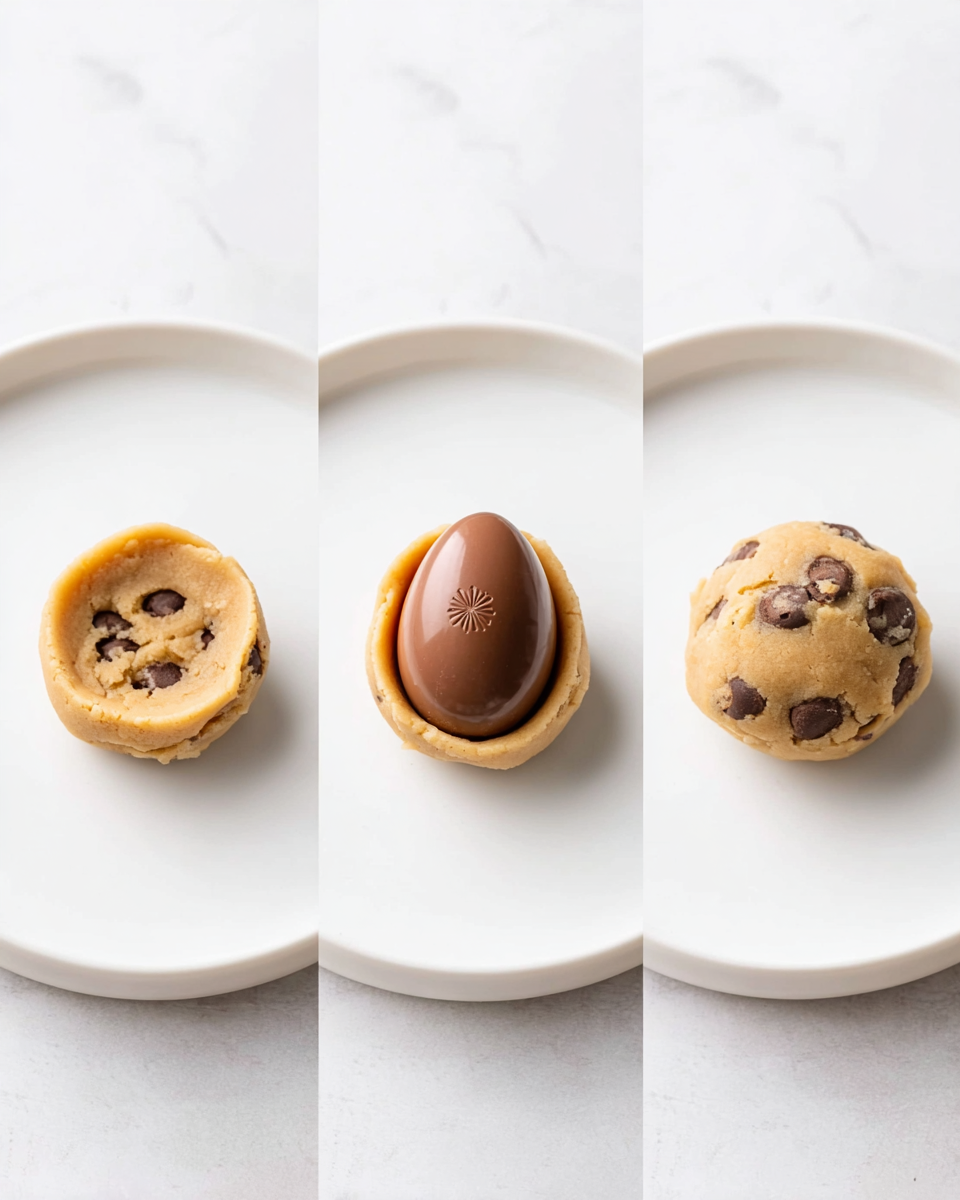 The image shows three steps of a cookie dough ball with a chocolate egg center on a white plate placed on a white marbled surface. The first step shows an open cup-shaped ball of light brown cookie dough with small dark chocolate chips, holding a smooth, oval milk chocolate egg with a star pattern on top. The second step shows a flattened layer of cookie dough partially covering the chocolate egg. The third step shows a fully closed, smooth round ball of cookie dough with visible chocolate chips all over, hiding the chocolate egg inside. Photo taken with an iphone --ar 4:5 --v 7