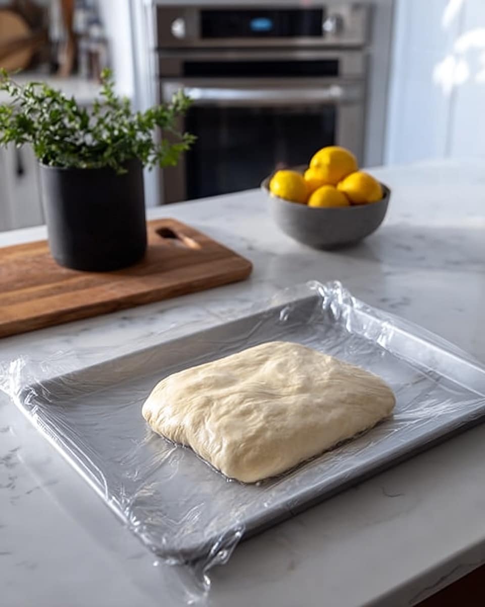 A square piece of dough with a smooth, pale beige surface is placed on a sheet of clear plastic wrap, which covers a silver baking tray. The tray sits on a white marbled countertop, showing soft light reflections. In the background, a small black pot with green leafy plant, part of a wooden cutting board, a gray bowl with bright yellow lemons, and a modern kitchen oven and cabinets form a clean, bright kitchen scene. Photo taken with an iphone --ar 4:5 --v 7