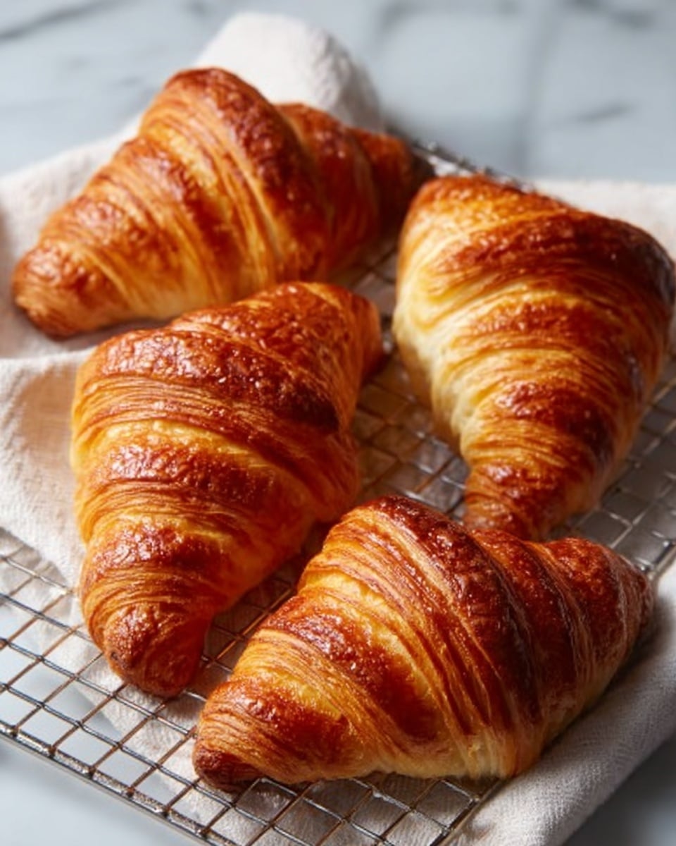 Five golden brown croissants with shiny, flaky layers showing clear ridges lie on a white cloth-covered wire rack. The croissants have a slightly curved shape with darker, crispy edges that highlight the multiple thin, airy layers of dough. The wire rack sits on a white marbled surface, adding a clean and bright look to the scene. photo taken with an iphone --ar 4:5 --v 7