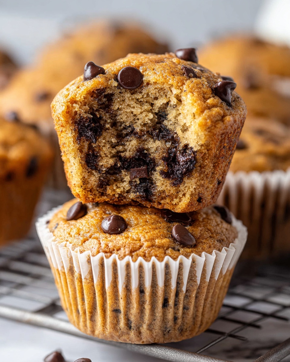 The image shows a close-up of a stack of two chocolate chip muffins with one muffin on top partially eaten, exposing the soft, moist inside filled with dark chocolate chips. The muffins have a golden brown textured top dotted with several shiny chocolate chips. The paper muffin liners are white and ridged, visible on the bottom half of each muffin. The muffins rest on a wire cooling rack, which is placed on a white marbled surface. The background is softly blurred with more muffins out of focus. Photo taken with an iphone --ar 4:5 --v 7