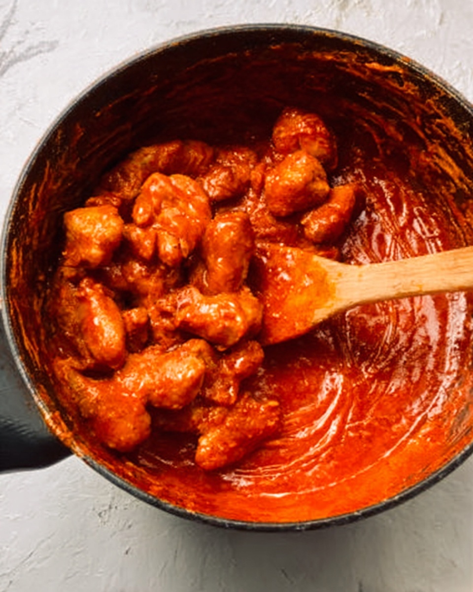 The image shows a black pot with a rich, thick orange-red sauce coating the sides, partially covering tender, browned chicken pieces in the lower half. A wooden spoon with sauce on it rests inside the pot, positioned on the right side above the chicken. The sauce is smooth and shiny, while the chicken pieces are chunky and textured. The background surface is a white marbled texture. Photo taken with an iphone --ar 4:5 --v 7