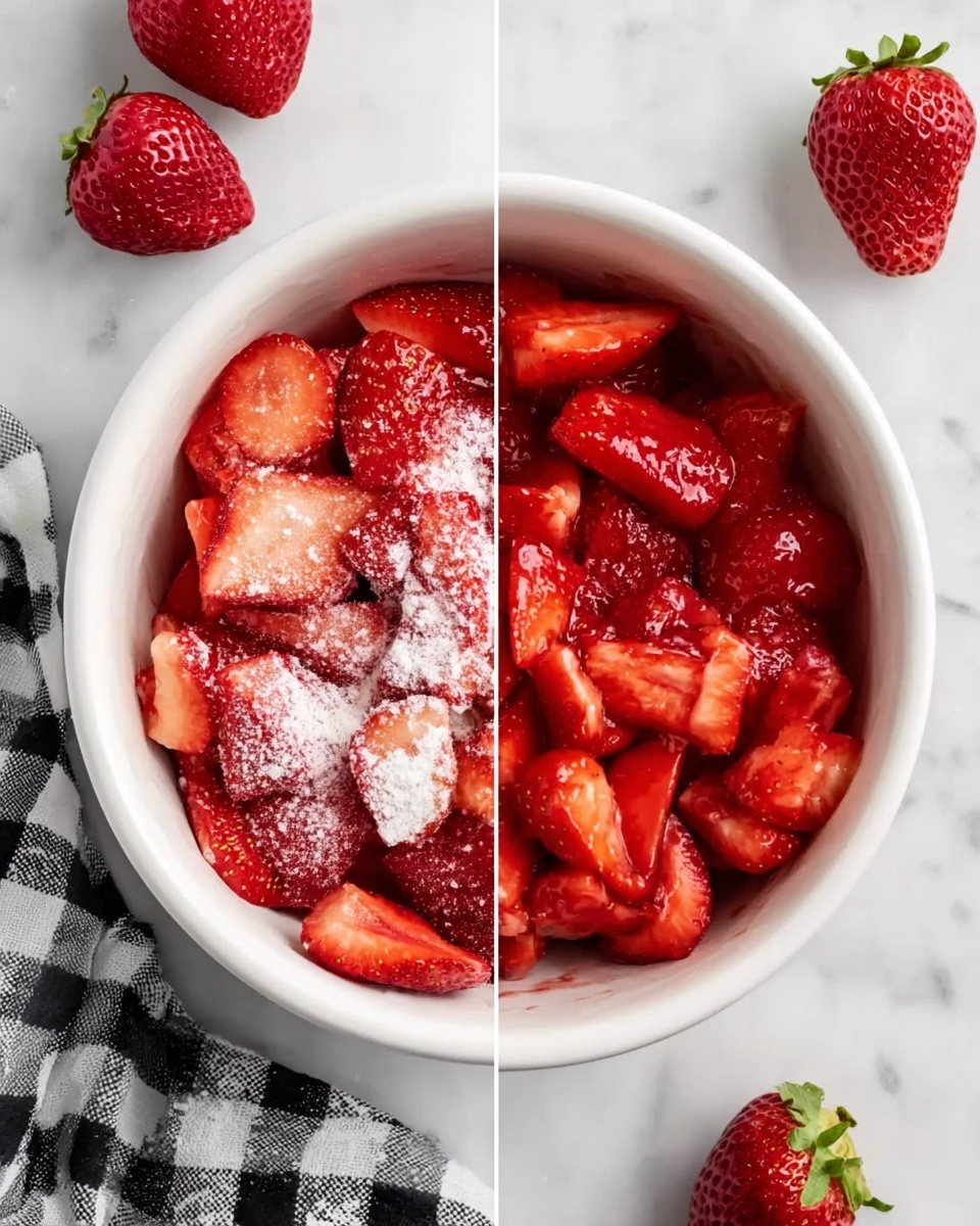 The image shows a close-up of several square pieces of a strawberry crumble dessert arranged side by side. The dessert has three visible layers: a golden-brown crust base at the bottom, a thick middle layer of bright red strawberry filling with whole and sliced strawberries, and a top layer of crumbly, light golden streusel scattered unevenly over the fruit. The dessert rests on a white marbled surface with a few blurred whole strawberries in the background. The texture of the crumble is rough and crumbly, contrasting with the shiny and juicy strawberries below. Photo taken with an iphone --ar 4:5 --v 7