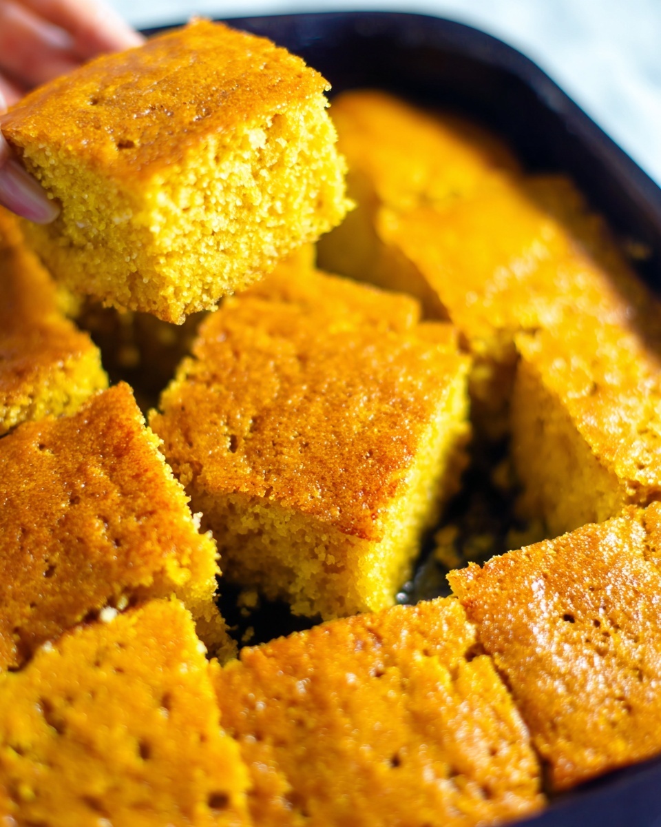 The image shows a close-up of moist, golden-yellow cornbread pieces in a black pan, with a slightly grainy and textured surface on each square. One piece is held up by a woman's hand, showing the soft, crumbly inside which contrasts with the more shiny, firm top layer. The cornbread is cut into even squares, arranged closely together on the pan with warm, inviting golden tones and tiny dark speckles on the crust. The background is a white marbled texture. photo taken with an iphone --ar 4:5 --v 7