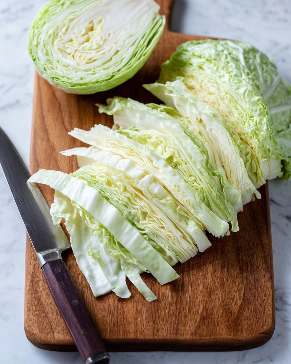 The image shows a wooden cutting board on a white marbled surface. There is a knife with a dark brown handle resting on the board. On the board, half a green cabbage is cut in half and placed near the top corners of the board. In the center, several thin, long layers of pale green and white cabbage are stacked neatly in a row, showing the textured and layered inside of the cabbage leaves. The leaves have a fresh, slightly curved shape with visible veins. Photo taken with an iphone --ar 4:5 --v 7