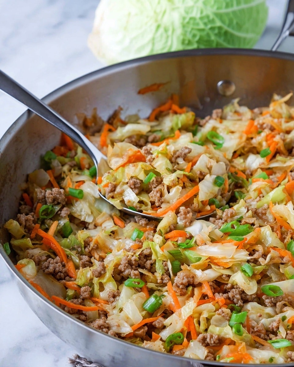 A shiny silver pan filled with a mix of cooked ground meat and light, thinly sliced cabbage with orange carrot sticks spread evenly throughout. Bright green chopped scallions are sprinkled on top, adding a fresh pop of color. The textures show soft cabbage, tender meat, and crunchy carrot strips all mixed well, with a silver spoon scooping from the pan. In the blurry background, there is half a green cabbage resting on a white marbled surface. photo taken with an iphone --ar 4:5 --v 7