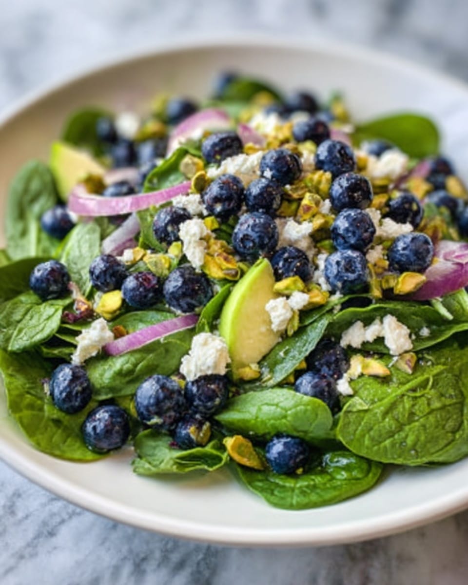 A white plate shows a fresh salad with several layers, starting with a base of bright green spinach leaves. On top, there are scattered light purple onion pieces and yellow chopped fruit. Blueberries sit evenly across the salad, bright and round. Small white cheese crumbles and green pistachio nuts are also sprinkled on the top layer, adding texture and color contrast. The salad sits on a white marbled surface. Photo taken with an iphone --ar 4:5 --v 7