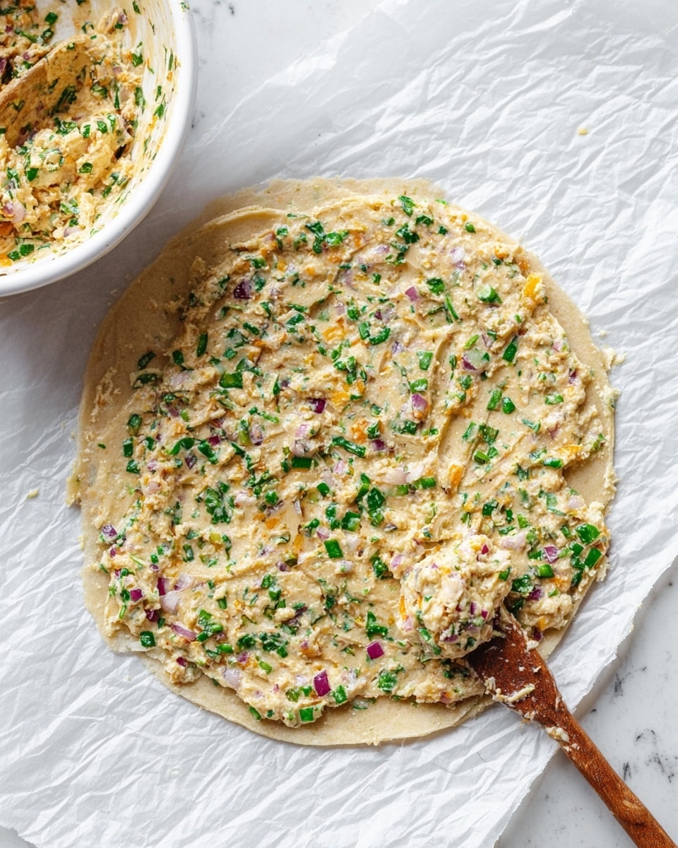 A round flat tortilla lies on wrinkled white parchment paper over a white marbled surface. The tortilla is covered evenly with a thick spread made from a creamy mixture containing small pieces of green herbs and red onion, as well as tiny orange bits, suggesting cheese. A wooden spoon with some of the mixture still on it rests partly on the tortilla at the lower right side. In the upper left corner, a white bowl holds more of the same mixture with traces on the sides. Photo taken with an iphone --ar 4:5 --v 7