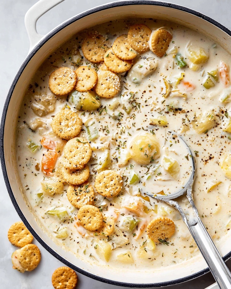 A close-up top view of a large white pot filled with creamy soup that has visible pieces of light yellow, green, and orange vegetables mixed throughout the thick white broth. On top of the soup, there is a loose layer of round saltine crackers, some whole and some broken, casually scattered in the center. A silver ladle is partially submerged in the soup on the right side, with its handle standing upright. The white marbled surface beneath the pot is clean and bright, with a few crackers scattered around the pot’s edge. The soup looks warm and hearty with small grains of black pepper and herbs sprinkled across the top. Photo taken with an iphone --ar 4:5 --v 7