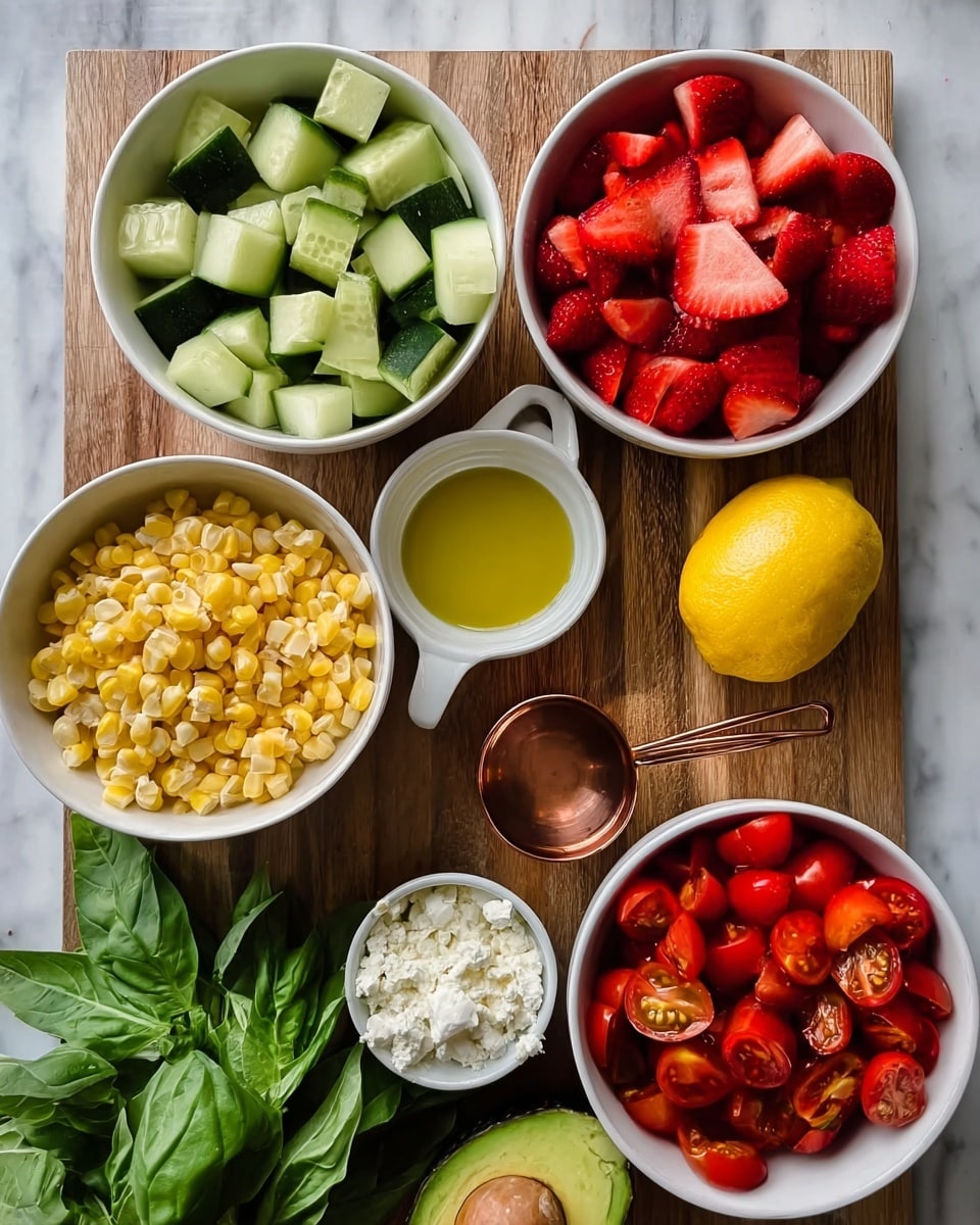 The image shows a top view of various fresh ingredients arranged neatly on a white marbled surface with a wooden board in the middle. There are five white bowls and one small measuring cup: the top-left bowl holds light and dark green cucumber chunks, the top-right bowl is filled with bright red sliced strawberries, the bottom-left bowl contains yellow corn kernels, and the bottom-right bowl has sliced red cherry tomatoes. The small copper measuring cup near the bottom center is filled with white crumbled cheese. In the center of the board is a small bowl with light golden olive oil and a whole yellow lemon. There are fresh green basil leaves to the right of the lemon, and the bottom-left corner shows a halved avocado with the seed still inside. photo taken with an iphone --ar 4:5 --v 7