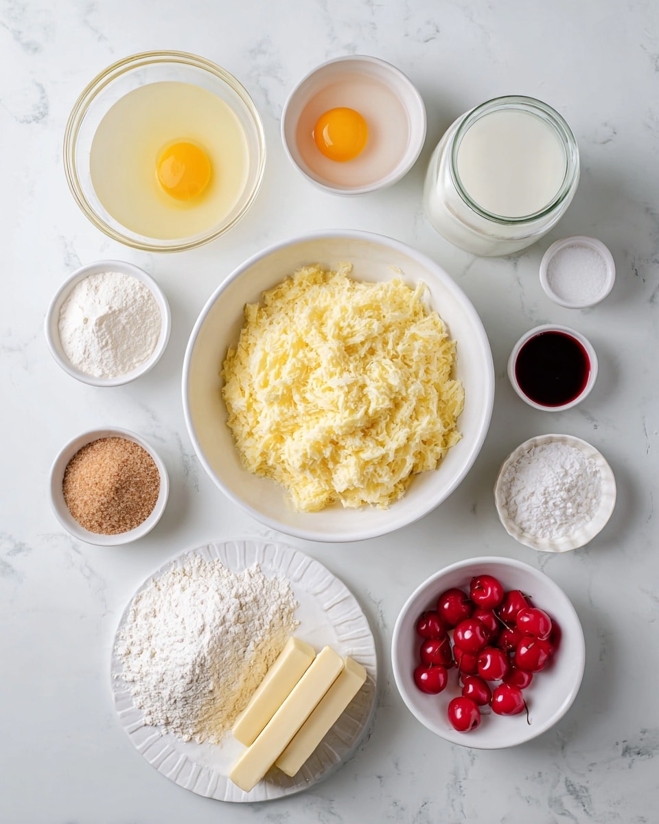 This image shows a flat lay of baking ingredients arranged neatly on a white marbled surface. In the center, there is a white bowl filled with light yellow mashed or shredded substance. Above it, from left to right, there is a glass container with pale yellow liquid, a white bowl with one raw egg yolk and clear egg white, and a glass jar filled with white liquid. Around the middle bowl, small white bowls contain white granulated sugar, light brown soft sugar, white powder (likely baking powder), a small white bowl with a pinch of white salt, a tiny white bowl with dark brown liquid, and a white bowl with bright red cherries. At the bottom, a white plate holds two pale yellow butter sticks, and next to it, a white bowl holds white flour. The overall look is clean and organized, with colors mainly light yellow, white, red, and soft brown. photo taken with an iphone --ar 4:5 --v 7