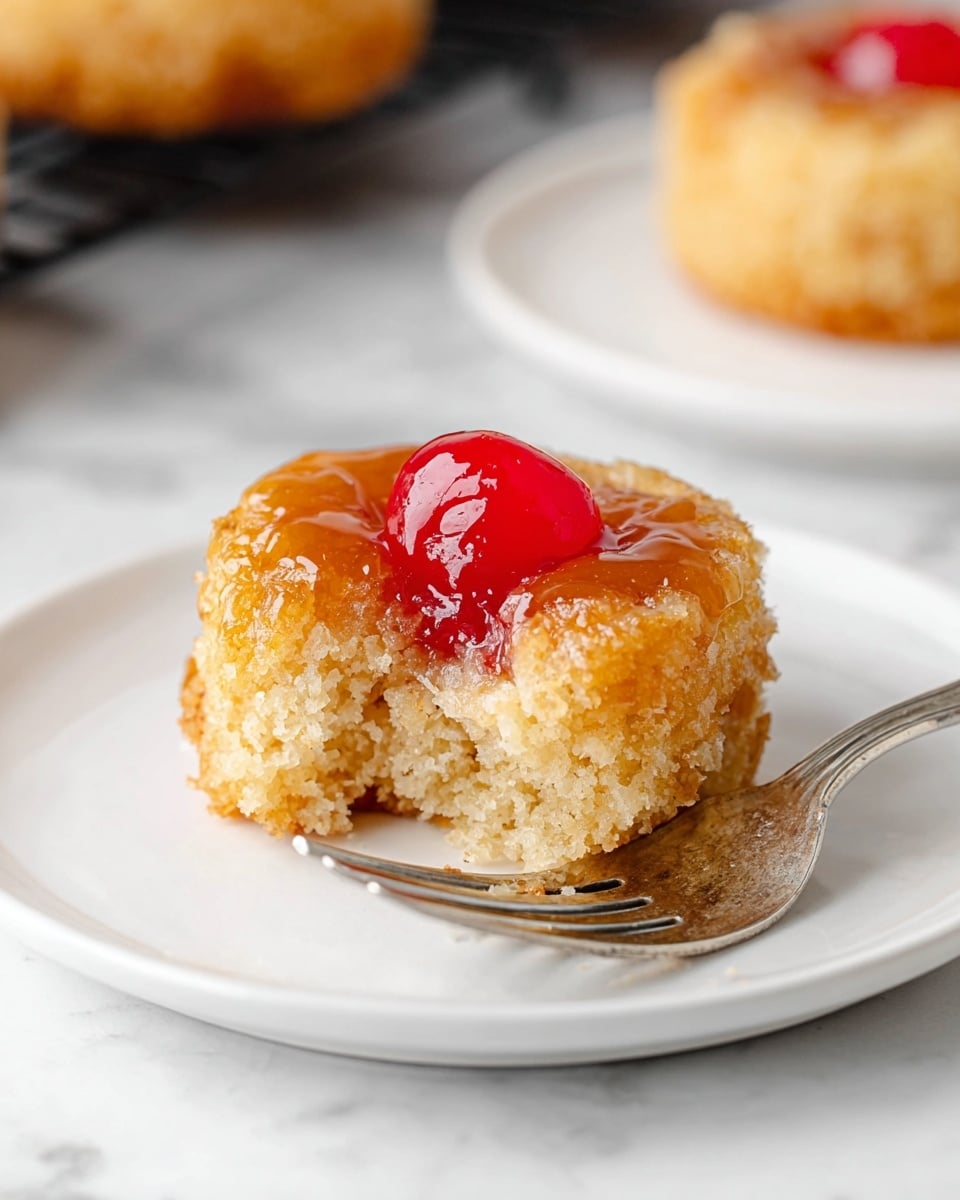A small round cake with two layers sits on a white plate over a white marbled surface; the bottom layer is a light, soft, crumbly beige cake, and the top layer is a shiny, sticky golden brown glaze with a bright red cherry in the center. The cake looks moist, and a fork is touching its side where a bite has been taken, showing the texture clearly. In the background, there are blurred cakes and a black cooling rack on the white marbled surface. photo taken with an iphone --ar 4:5 --v 7