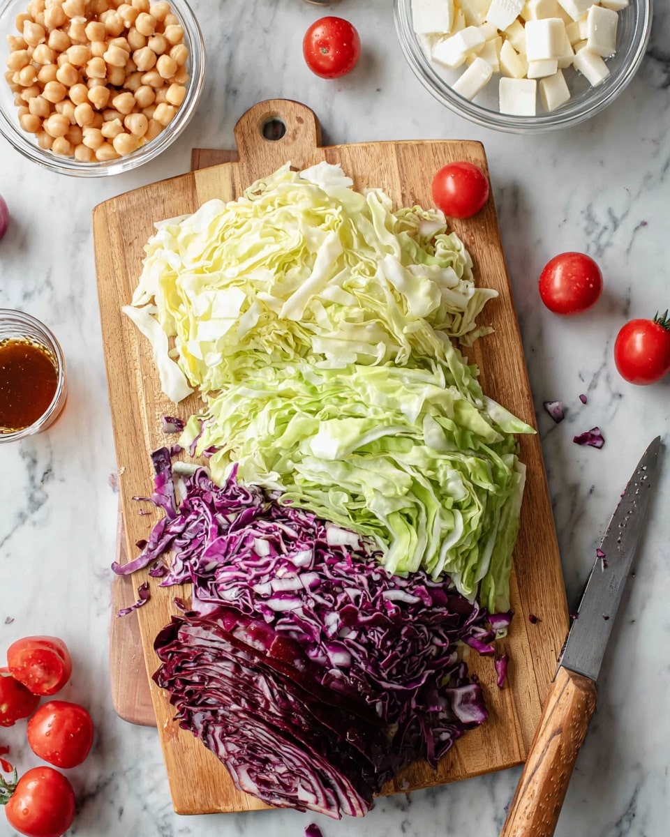 The image shows a wooden cutting board on a white marbled surface with three types of thinly sliced cabbage arranged in separate sections: pale yellow-green iceberg cabbage at the top, light green cabbage on the right, and deep purple-red radicchio cabbage at the bottom left. Nearby, there are small bright red tomatoes still on the vine, a clear container of white cubed cheese, a white bowl filled with chickpeas, a small glass container with a brown liquid dressing, and a knife with a wooden handle lying on the surface. The scene has a fresh and clean look, with vibrant colors and a slight overhead angle. photo taken with an iphone --ar 4:5 --v 7