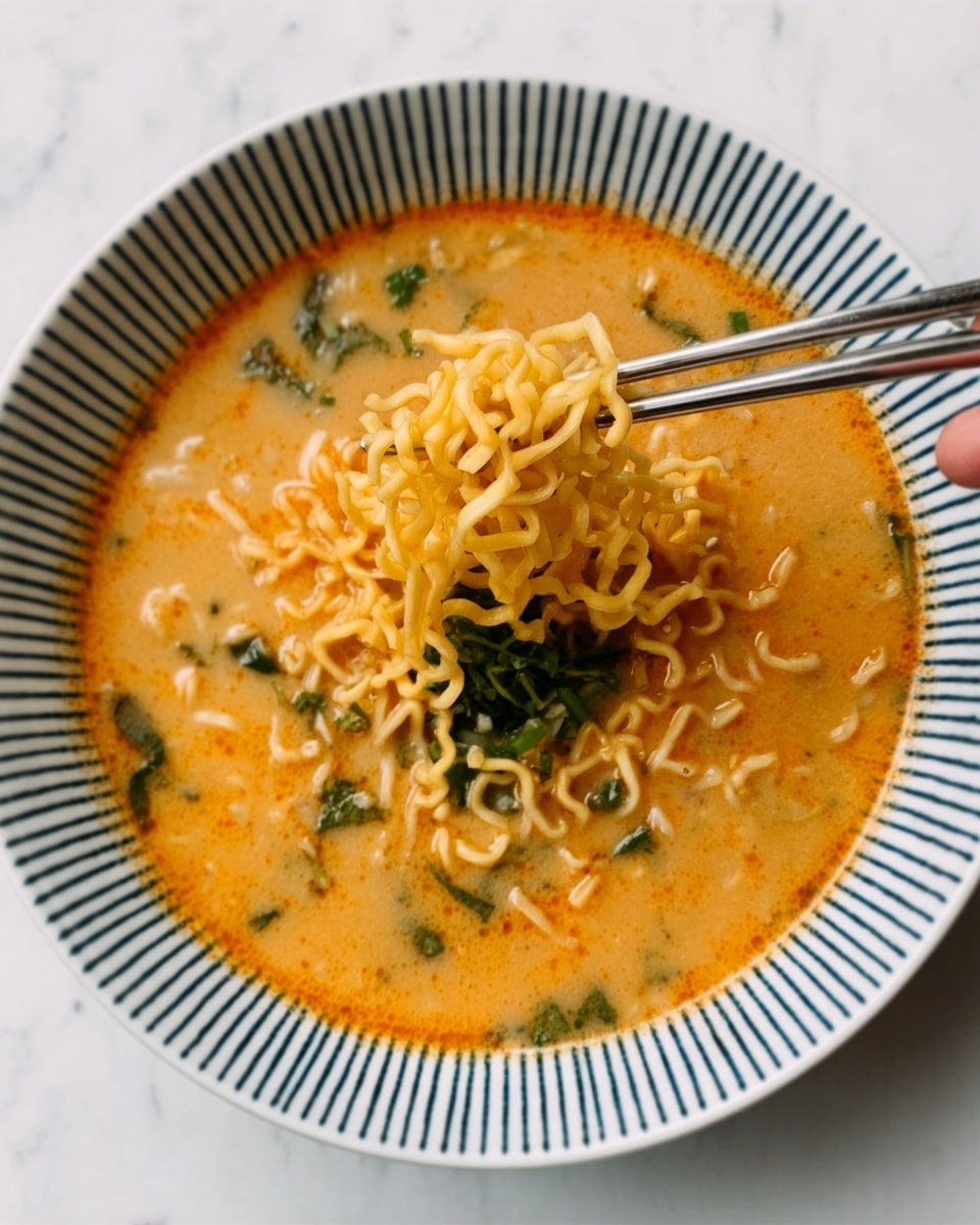A white bowl with thin blue stripes around the rim holds light orange soup filled with small bits of green herbs scattered throughout. In the center, there is a small pile of curly yellow noodles resting in the broth. A pair of silver chopsticks held by a woman's hand lifts a clump of the noodles above the bowl. The bowl sits on a white marbled surface. photo taken with an iphone --ar 4:5 --v 7