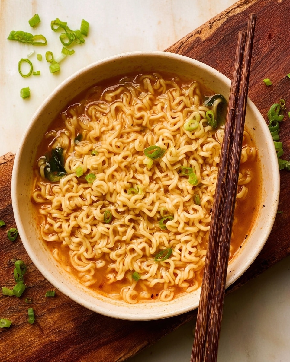 A round white bowl filled with three main layers: the bottom layer is light orange broth with some oil sheen, the middle layer is curly cooked noodles soaked in broth, light yellow with a slightly glossy texture, and the top layer shows scattered green onion slices adding green color contrast, with two wooden chopsticks resting vertically inside the bowl near the right edge. The bowl sits on a rough wooden board, with chopped green onions spread around on a white marbled surface. photo taken with an iphone --ar 4:5 --v 7