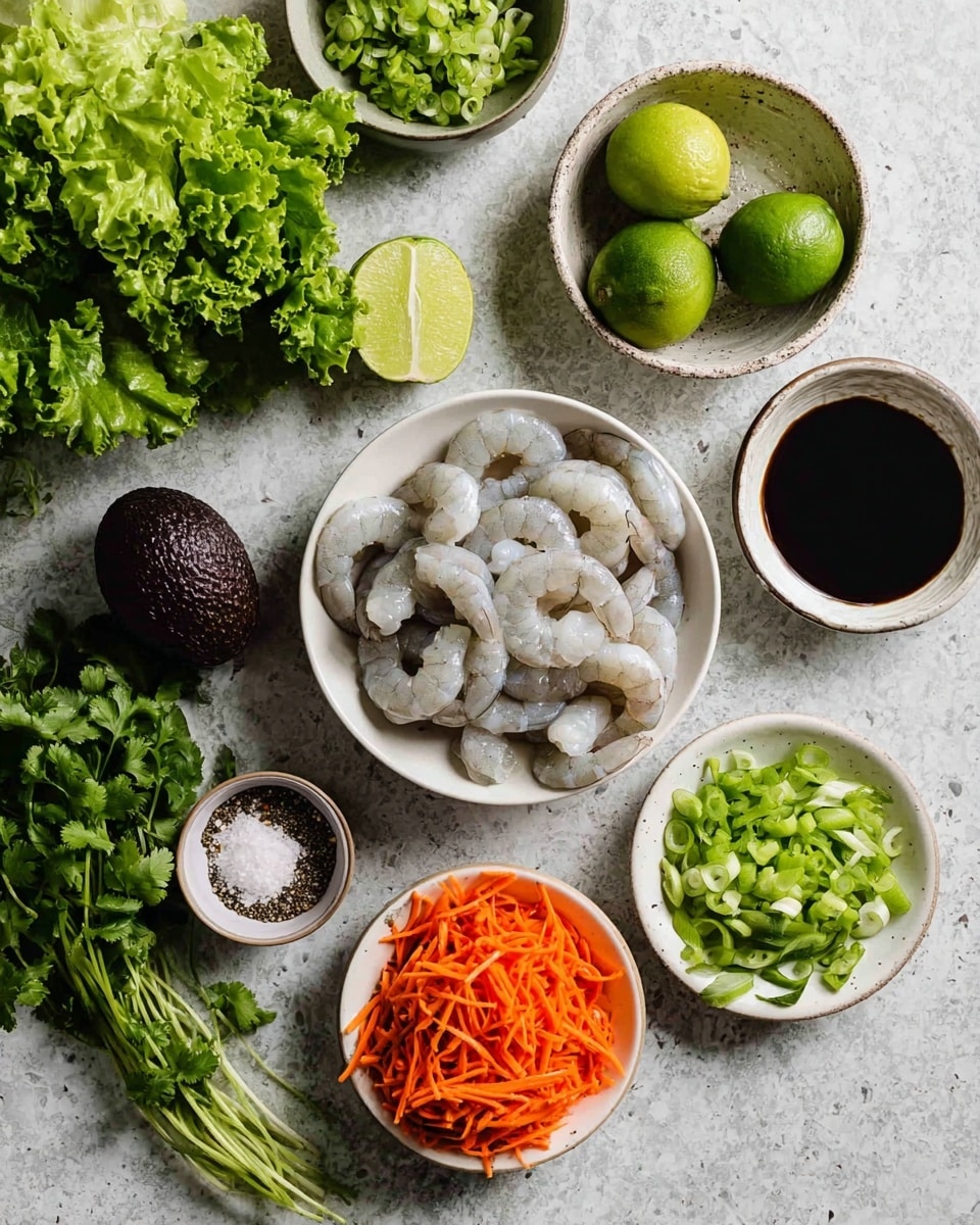 A top view of fresh ingredients laid out on a white marbled surface: a large white bowl filled with peeled, raw shrimp with a shiny, slightly translucent texture, surrounded by smaller white bowls containing bright orange shredded carrots, thinly sliced light green scallions, and darker sliced green onions. Next to the bowls are two whole bright green limes, a dark purple avocado with a rough skin, a bunch of fresh green cilantro with roots attached, a small bowl of black sauce, and a smaller bowl with white salt and black pepper. In the corner, there is a bunch of dark green leafy lettuce. Photo taken with an iphone --ar 4:5 --v 7