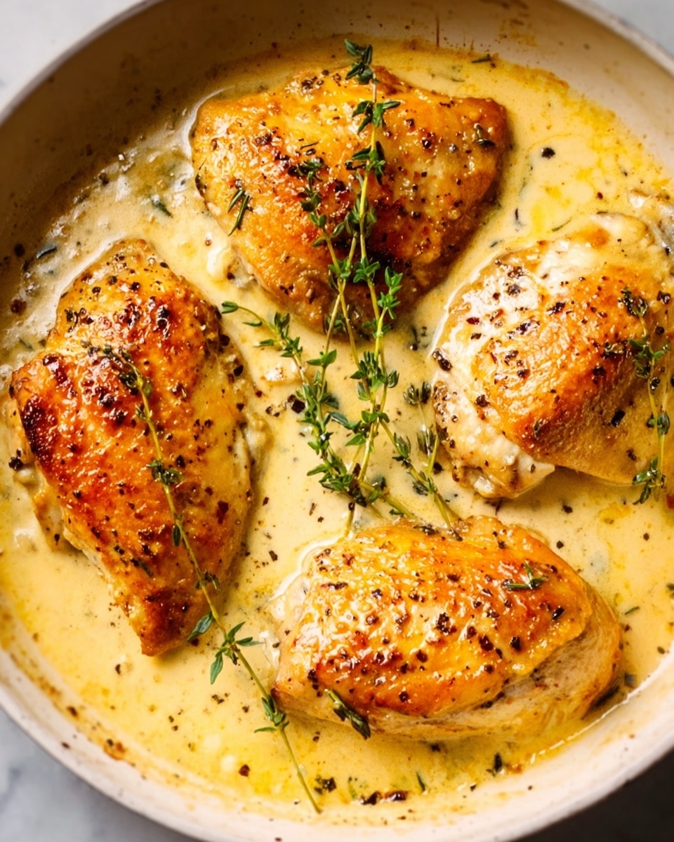 The image shows four cooked chicken pieces in a creamy sauce inside a white dish. The chicken is browned with a slightly crispy surface, and the sauce is smooth and light yellow, covering the bottom of the dish. Small green thyme sprigs rest on top of the chicken, adding a touch of color. Black pepper specks are visible on the chicken and sauce, giving a seasoned look. The dish sits on a white marbled surface. Photo taken with an iphone --ar 4:5 --v 7