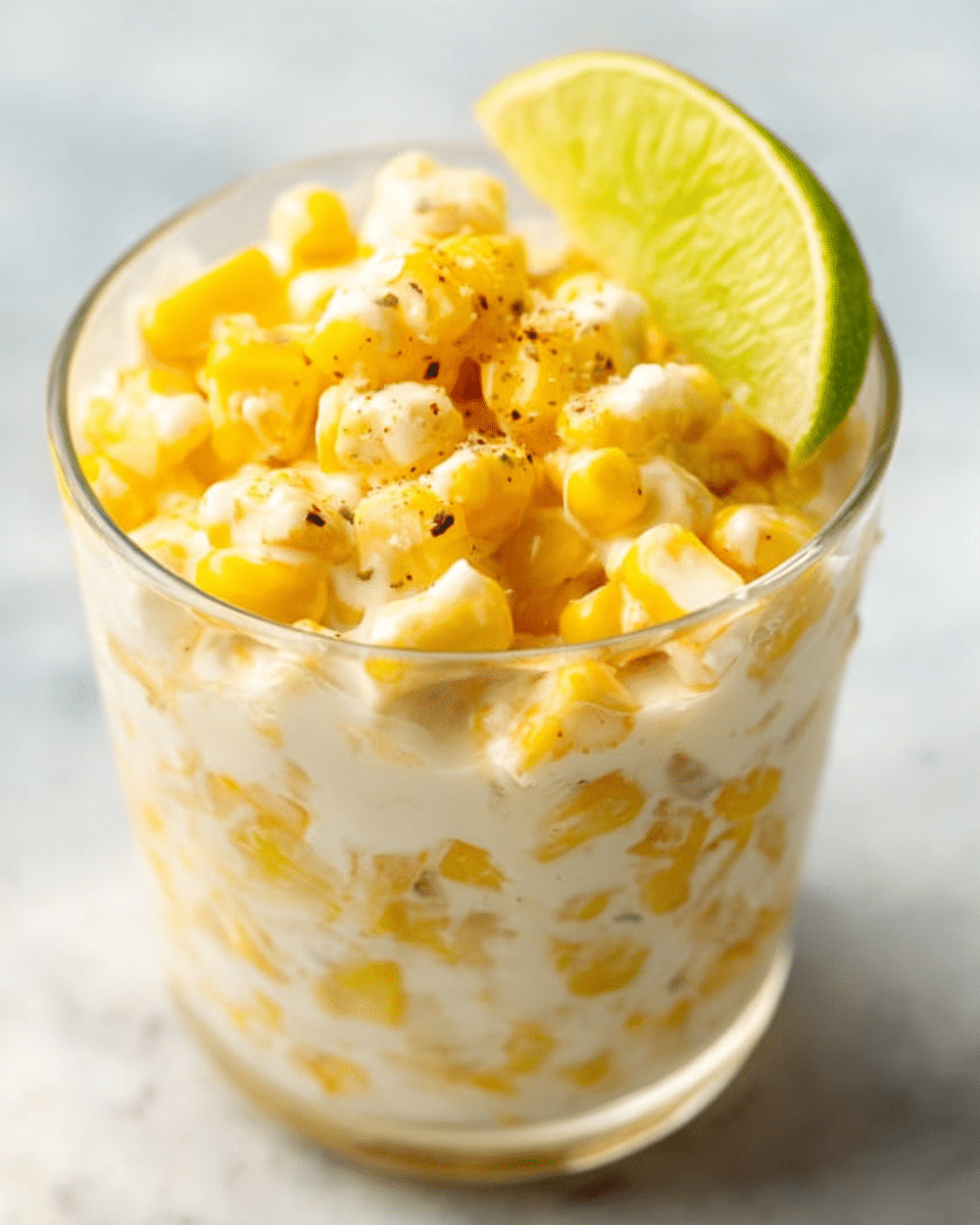 A clear glass filled with three layers of creamy corn salad sits on a white marbled surface. The bottom layer is defined by a mix of yellow corn kernels and soft, white creamy sauce, with small black specks of seasoning spread evenly on top. The middle layer shows more corn mixed thickly with the creamy dressing, creating a dense, slightly lumpy texture. On the very top, a wedge of pale green lime leans against the corn, adding a fresh color contrast. The lighting highlights the creamy gloss and the soft shadows inside the glass, creating a fresh and appetizing look. Photo taken with an iphone --ar 4:5 --v 7