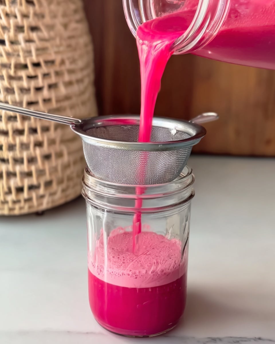 A stream of bright pink liquid is being poured from a clear glass jar through a metal mesh strainer into a clear glass jar below. The metal strainer sits tightly on top of the glass jar. The glass jar on the bottom is filled halfway with the same bright pink liquid, which has a frothy texture on the surface. The background shows a white marbled texture surface, with a light-colored woven object and a wooden wall blurred behind. The photo is taken from a close angle showing the action of pouring. Photo taken with an iphone --ar 4:5 --v 7