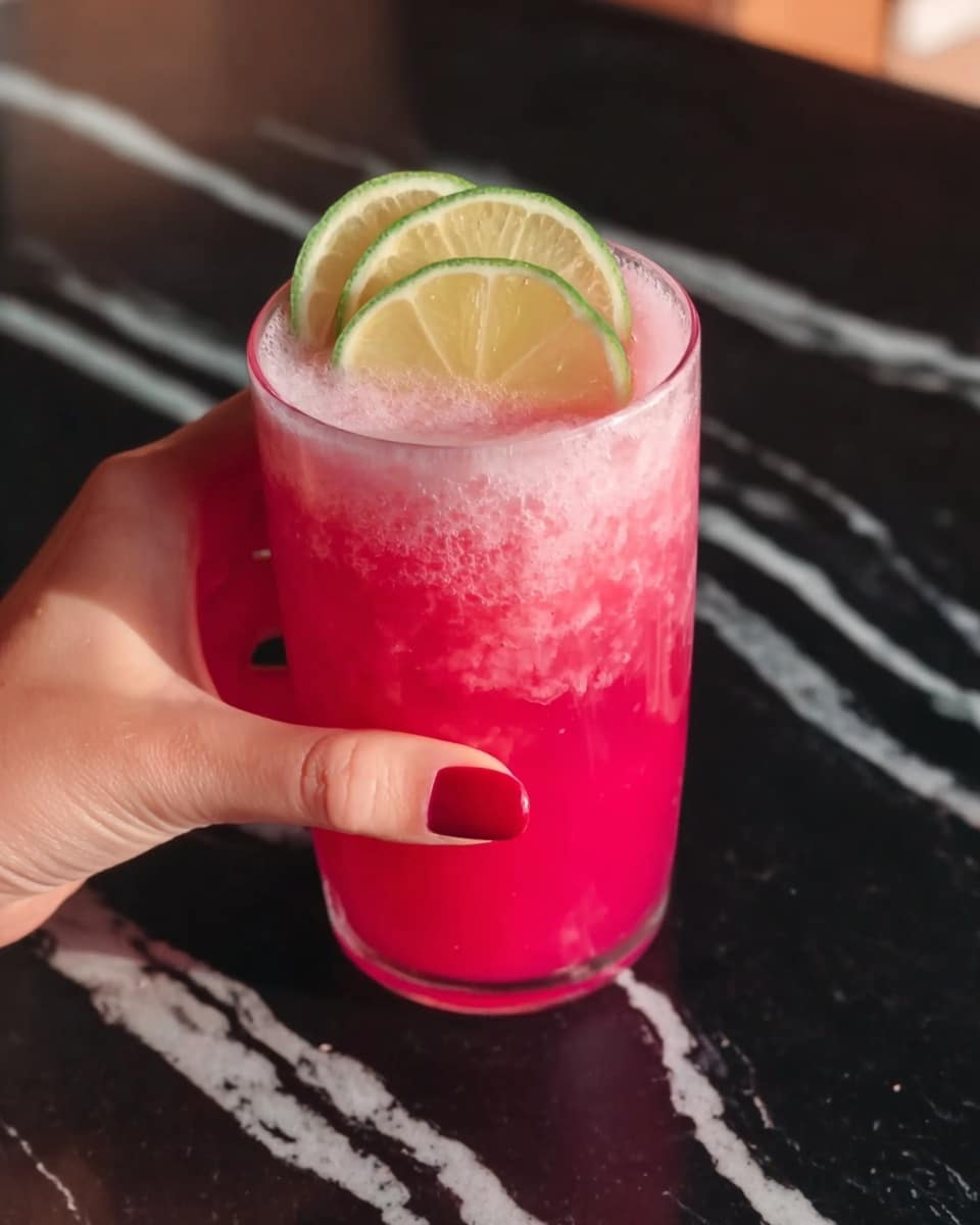 A bright pink drink fills a clear glass with a bubbly, frothy top layer. On top, two thin green lime slices and a transparent pale yellow slice sit, adding fresh color contrast. The woman's hand with red nail polish gently holds the glass from the side, against a smooth black surface background with a hint of white marbled texture nearby. photo taken with an iphone --ar 4:5 --v 7
