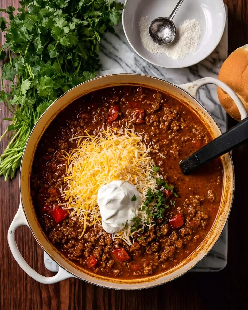 The image shows a white pot filled with a thick chili made of ground meat, red and green pepper bits, and beans in a rich, dark reddish-brown sauce. On top in the center, there is a mound of shredded yellow and white cheese and a dollop of white sour cream side by side. A black spatula is resting inside the pot on the right side. Around the pot, there is a white bowl with a spoon of coarse salt, a round bun, and a bunch of fresh green cilantro on a white marbled surface. The photo taken with an iphone --ar 4:5 --v 7