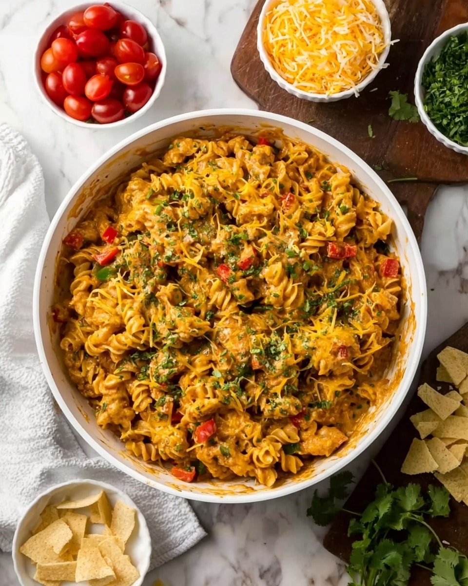 A large white pan filled with creamy spaghetti pasta mixed with pieces of chicken, small diced red bell peppers, and green herbs scattered on top. Next to the pan are three small white bowls, one filled with shredded yellow and white cheese, one with halved red grape tomatoes, and the last empty. There are yellow crunchy strips scattered around the pan, and a bunch of fresh green cilantro is placed beside the bowls. The whole setting is on a white marbled surface, and a woman's hand is bringing a white cloth near the cilantro. photo taken with an iphone --ar 4:5 --v 7