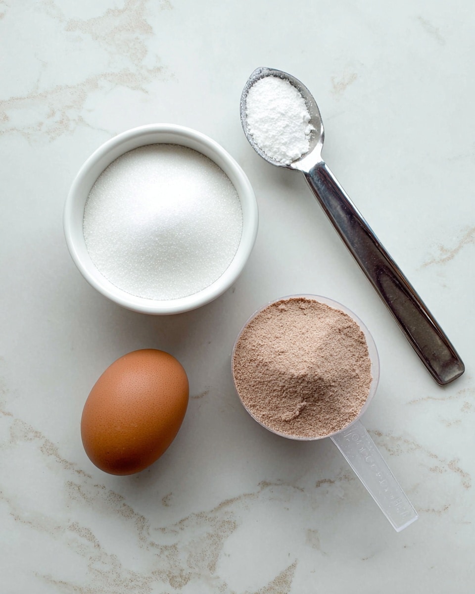 A top view of baking ingredients placed on a white marbled surface, featuring a white bowl filled with white granulated sugar on the left, a single brown egg positioned below the bowl, and a clear plastic measuring cup filled with light brown yeast granules to the right of the bowl. Above the measuring cup, a metal measuring spoon holds a small amount of white powder, likely baking powder or salt. The setup is simple and clean with soft natural lighting, photo taken with an iphone --ar 4:5 --v 7