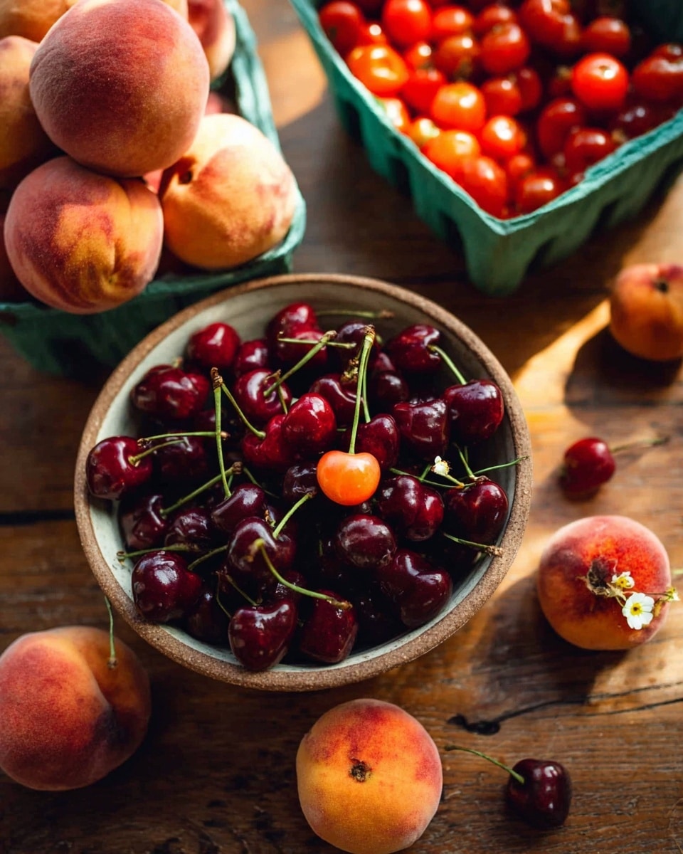 A bowl full of deep red cherries with green stems sits on a white marbled surface. Around the bowl, there are four fuzzy peaches with soft pink and orange colors, some with small yellow flowers on top. To the left, there is a white container full of small, round, bright red cherry tomatoes, with a few loose tomatoes scattered on the surface. The background shows a rustic wooden texture beneath the white marbled surface. Photo taken with an iphone --ar 4:5 --v 7