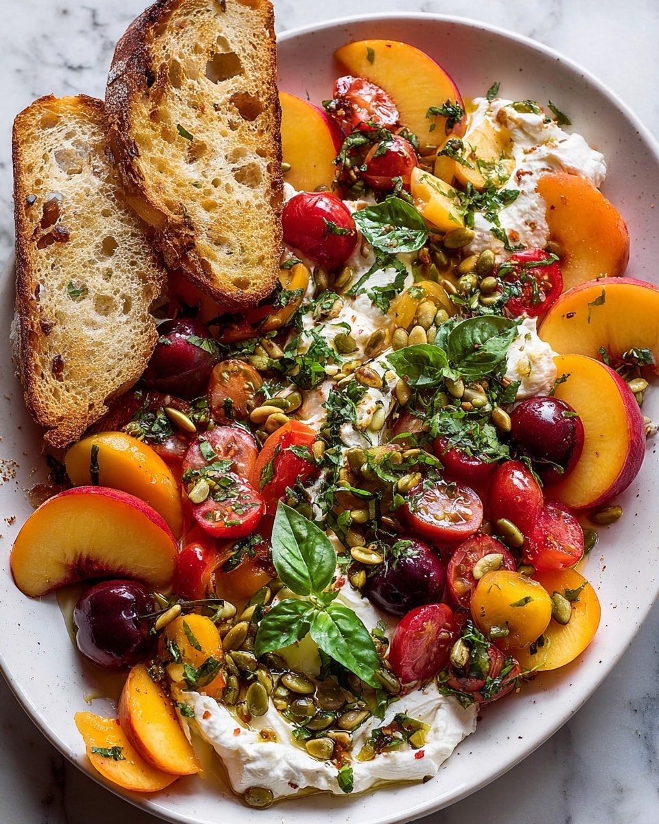 A white plate on a white marbled surface holds a colorful salad with three main layers. The bottom layer is soft, white ricotta cheese spread unevenly, topped with green herbs and pumpkin seeds drizzled with oil. Next, there are sliced yellow and pink peaches with juicy red cherry tomatoes scattered between them, some whole and some cut in half. The top layer includes fresh green basil leaves and more herbs spread evenly throughout. On the side of the plate, there are two toasted slices of bread, golden brown with a crispy texture, garnished with small green leaves. photo taken with an iphone --ar 4:5 --v 7