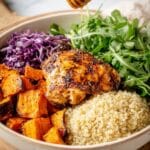 Sheet Pan Hot Honey Chicken and Veggies with Quinoa and Spicy Green Feta Sauce Recipe