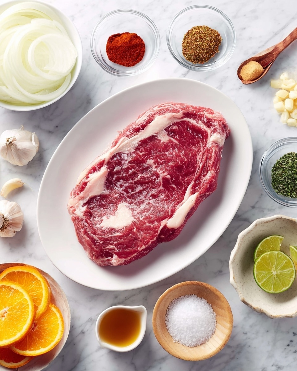 A large oval white plate sits on a white marbled surface holding a thick, raw piece of red meat with white fat marbling and a smooth texture, centered on the plate. Around the plate are small clear glass bowls with different spices: red powders, brown powder, green herbs, and granulated salt in a small wooden bowl. To the left, a white bowl holds white sliced onions, and below it, another white bowl contains bright orange fruit slices. To the right, a beige bowl has sliced white garlic cloves, and there are lime wedges scattered near small bowls with light yellow and dark brown liquids. Photo taken with an iphone --ar 4:5 --v 7