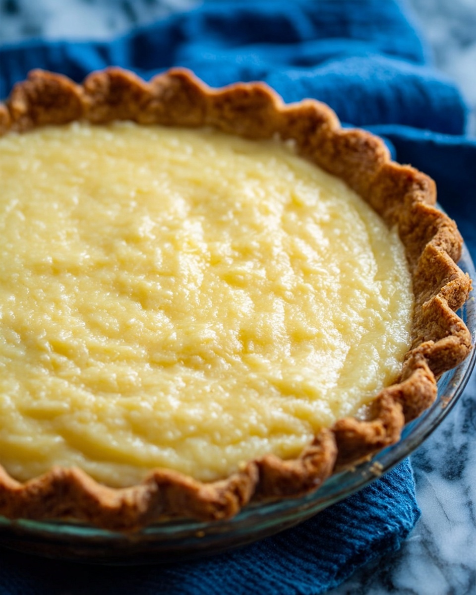 The image shows a close-up of a cream pie with a golden-brown crust that has a scalloped edge, filled with a smooth, pale yellow custard layer on top. The pie rests on a dark surface with a blue cloth partially visible behind it, while a white marbled texture is seen beneath the pie. The custard has a slightly glossy texture and looks thick and creamy, filling the crust evenly without spilling over. Photo taken with an iphone --ar 4:5 --v 7