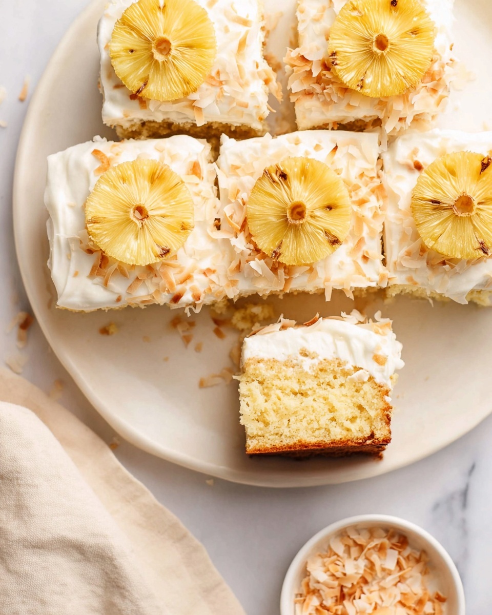 A white plate with six square pieces of cake arranged, each topped with a thick layer of white frosting and a round dried pineapple slice in the center. The frosting layer is smooth and creamy, sprinkled with toasted coconut flakes adding a light brown texture on top. One piece is moved slightly to the side, showing a moist, yellow cake inside with a soft crumb texture. The plate is set on a white marbled surface, and there is a small white bowl filled with toasted coconut flakes nearby. A soft beige cloth is partially visible alongside the plate. photo taken with an iphone --ar 4:5 --v 7