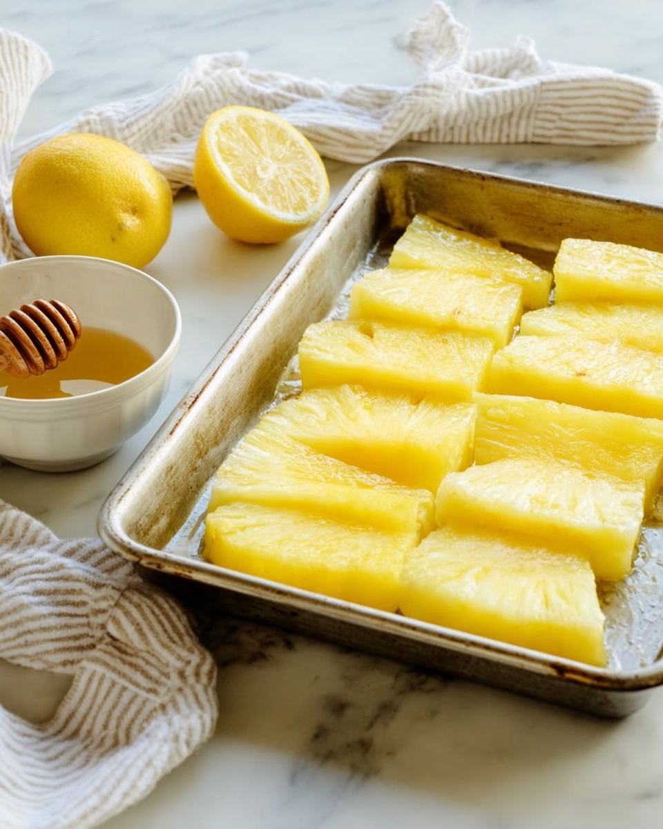 The image shows a metal baking tray on a white marbled surface. Inside the tray, there are two rows of pineapple slices, each with layers of bright yellow and pale yellow colors showing the juicy texture of the fruit. To the left of the tray, there is a white bowl with honey and a honey dipper resting inside it. Next to the bowl, a halved lemon with bright yellow flesh sits on a striped cloth. The scene is bright and fresh with natural light, creating a soft and clean look. Photo taken with an iphone --ar 4:5 --v 7