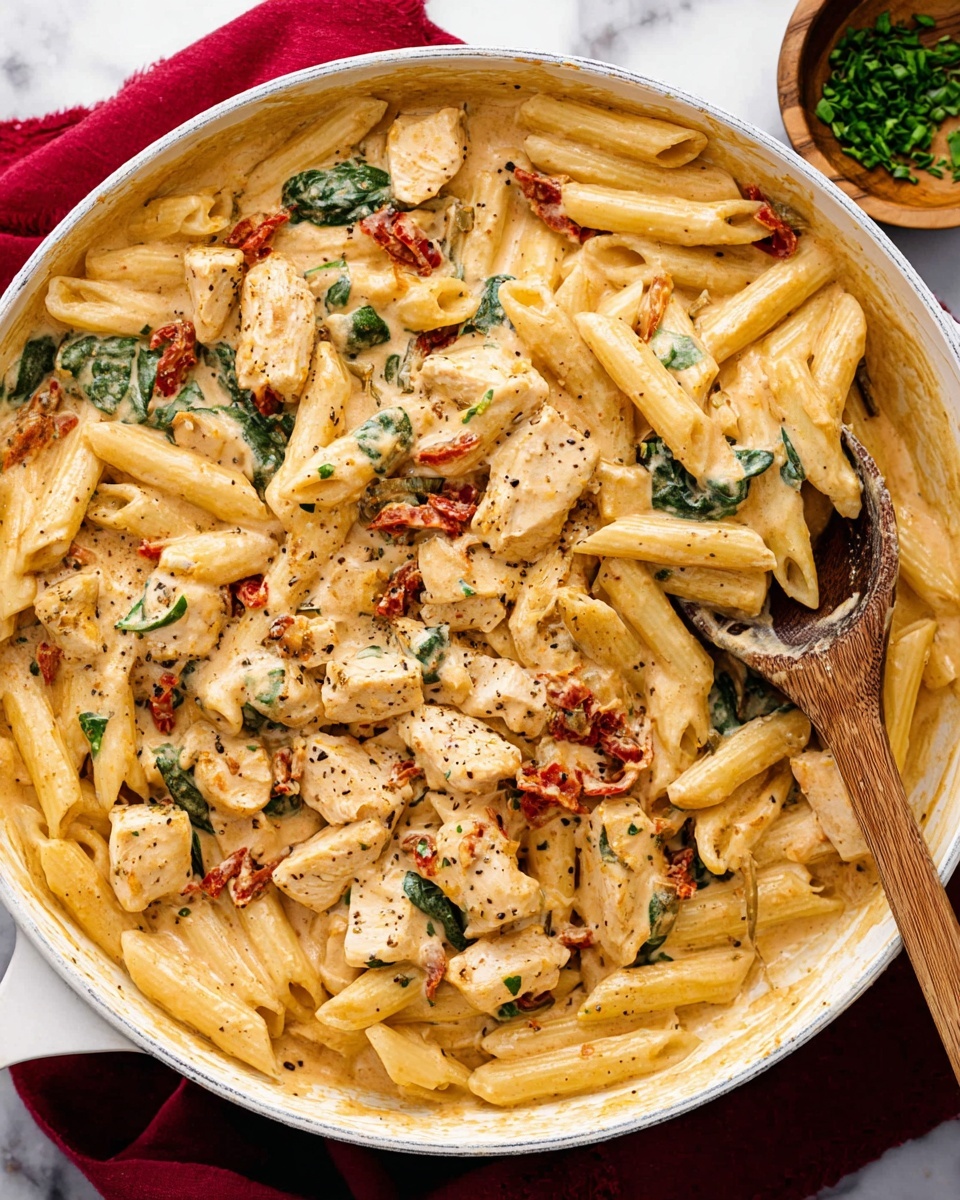 A white pan filled with creamy pasta made of three main layers: a base of pale yellow penne pasta, a middle layer of white chicken pieces, and bits of red sun-dried tomatoes and green spinach leaves mixed evenly throughout. The creamy sauce coats everything with a light orange tint, and the dish is sprinkled with black pepper. A wooden spoon is partially visible on the right side, serving the pasta. The pan sits on a red cloth on top of a white marbled surface, and a small wooden bowl with chopped green herbs is in the top right corner. photo taken with an iphone --ar 4:5 --v 7