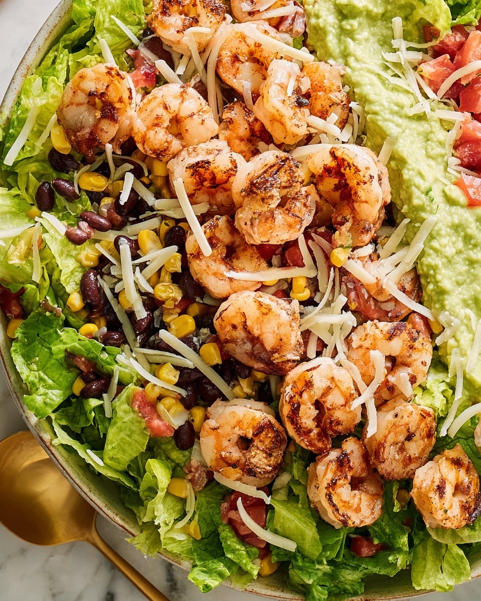This image shows a close-up of a fresh shrimp salad with many layers. The bottom layer is made of bright green lettuce leaves, with black beans, yellow corn, and bits of red tomato mixed in. On top of this, there are grilled shrimp that are light pink with some brown grill marks. Thin strips of white cheese are scattered around the shrimp. There is also a smooth, light green guacamole layer spread around the shrimp and salad mix. Everything is placed in a white bowl, and the background has a white marbled texture. A golden spoon is partly visible on the left side of the bowl. Photo taken with an iphone --ar 4:5 --v 7